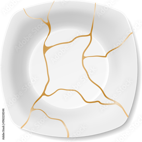 White square bowl repaired with golden kintsugi lines