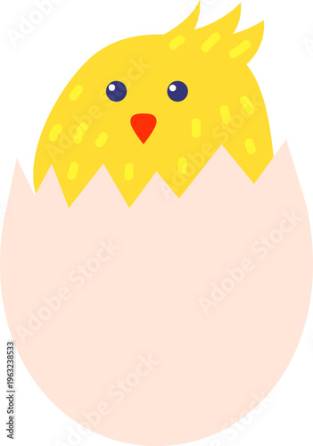 Yellow chick hatching from cracked eggshell showing new life