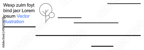 Graphic design, print materials, branding, presentations, modern art, creativity. Stylized tree with overlapping text and horizontal lines. Graphic design and print materials concept