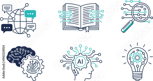 Artificial intelligence vector illustrations featuring global communication, digital learning, AI research, machine cognition, human brain integration, and innovative technology ideas