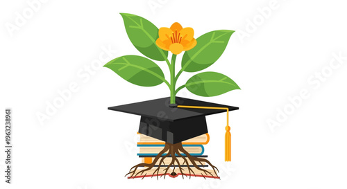 Graduation cap on stack of books with growing plant education growth