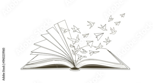 Open book with paper birds flying out pages reading learning