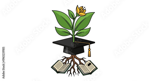 Graduation cap with plant growing out of books education growth
