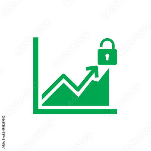 Green line graph illustrating upward financial growth secured by a small padlock icon.