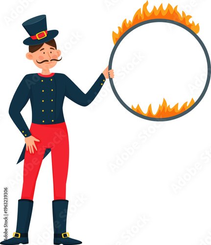 Circus performer holding flaming hoop during show
