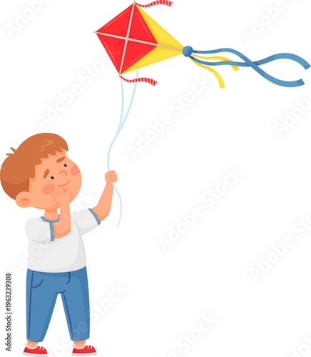 Boy playing flying colorful kite childhood concept