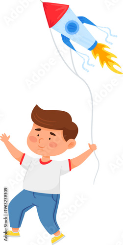 Little boy flying rocket kite having fun