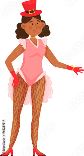 Female showgirl character wearing a top hat and fishnet stockings