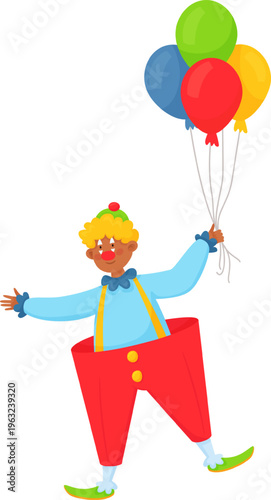 Happy clown character balancing holding colorful balloons