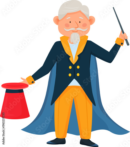 Magician performing trick holding hat and wand