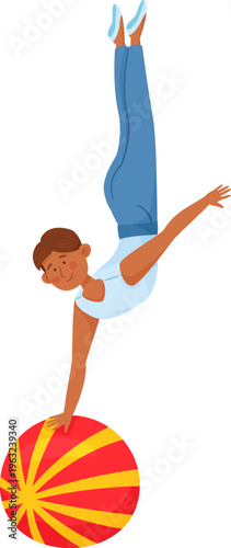 Person balancing on colorful ball doing handstand performing trick