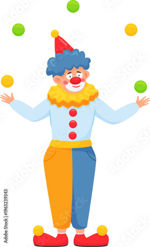 Clown juggling colorful balls performing entertainment act
