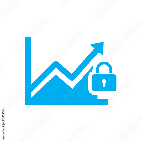 Cyan colored line and bar chart graphic illustrating increasing data sets alongside an attached security padlock.