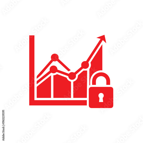 Red graphic representation of business growth metrics displayed on a coordinate system with a security lock.