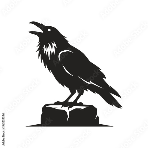 Black silhouette of crow standing on rock with mouth open bird