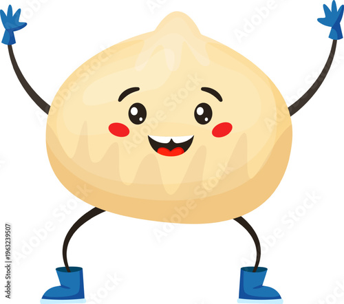 Happy cartoon dumpling with arms hands up greeting