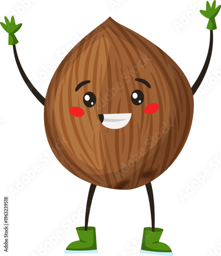 Happy cartoon chestnut character raising arms