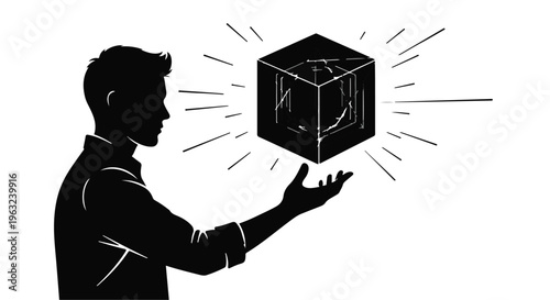 Man's silhouette holds a glowing, abstract cube radiating light in his open palm.