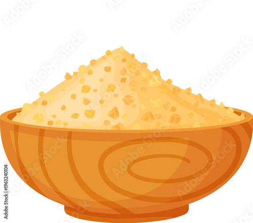 Brown sugar granules filling wooden bowl