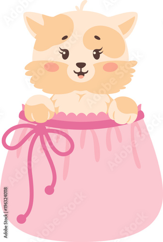 Cute puppy peeking from pink baby carrier bag