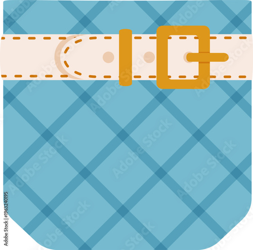 Blue plaid garment with beige belt and golden buckle