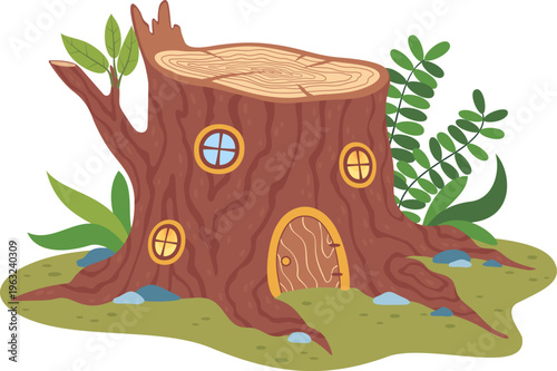 Fantasy tree stump house with a small door and windows