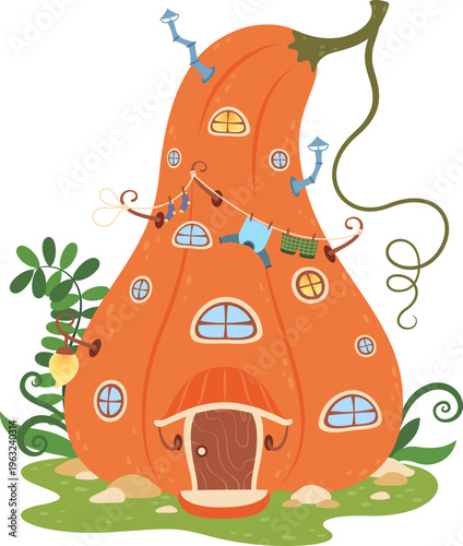 Cartoon pumpkin house with windows and front door