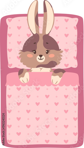 Cute cartoon bunny resting in pink bed with hearts