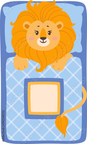 Cute cartoon lion resting on blue bed
