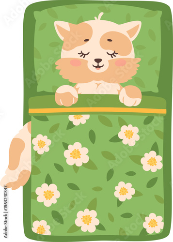 Cute cartoon cat sleeping in bed with blanket