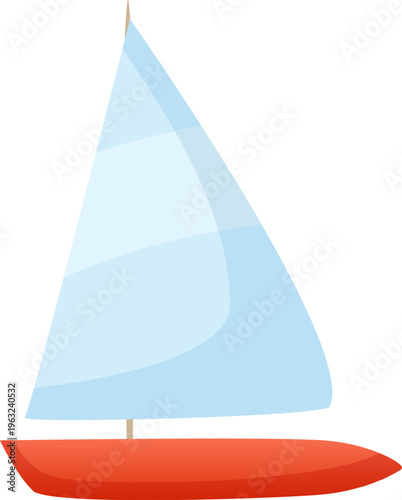 Sailboat floating with red hull and blue sail