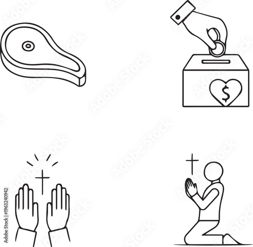 A collection of four simple black and white line art icons depicting various religious concepts