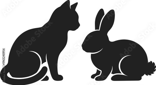 Cat and Rabbit Vector | Pet Animals Silhouette Icon Black Isolated