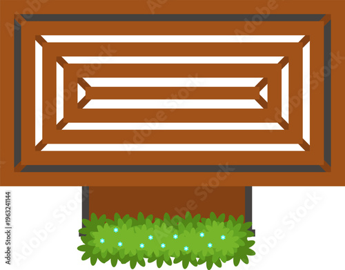 Wooden pergola roof covering garden bush with flowers