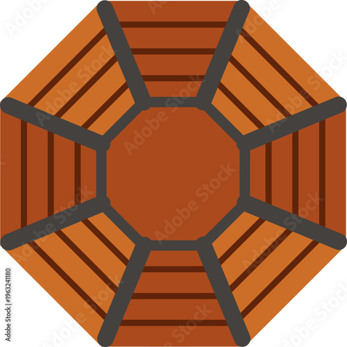 Octagonal wooden gazebo roof structure from above