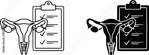 Gynecology Medical Checkup Icon Set - Human Uterus and Medical Clipboard Vector Illustration