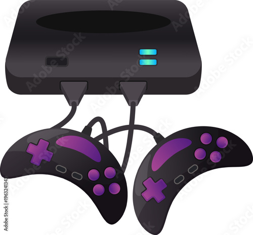 Retro video game console with two controllers plugged in