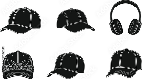 Vector set of black baseball caps and wireless headphones icons, featuring various hat styles and audio accessories isolated on white, fashion
