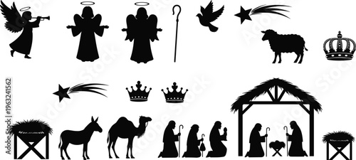 Vector set of black nativity silhouettes, featuring angels, stable, manger, three wise men, animals, and religious Christmas icons on white background