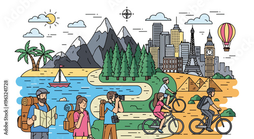 Colorful travel illustration showing diverse people and landmarks