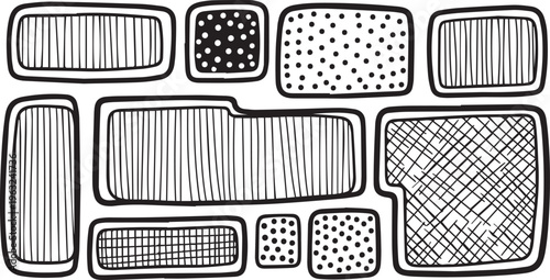 Hand drawn doodle frames with organic textures, black and white sketch border set, decorative geometric shapes with dots and stripes