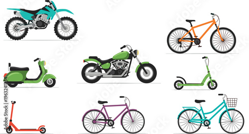 Collection of colorful two‑wheeled vehicle illustrations including bicycles, scooters, dirt bikes, sport motorcycles, and cruisers, perfect for transportation, recreation, education, automotive