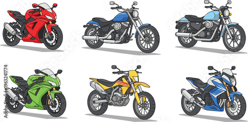 Collection of colorful motorcycle illustrations including sport bikes, cruisers, dirt bikes, and touring motorcycles, perfect for transportation, recreation, education, automotive, gaming