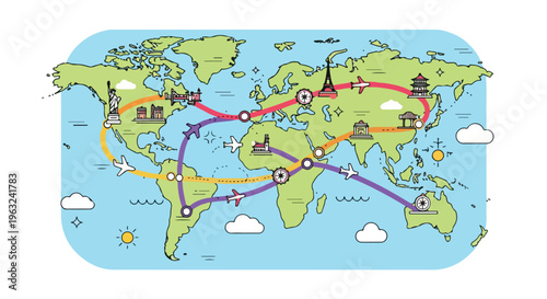 Canvastavla Colorful travel map showing routes across the world, with plane icons