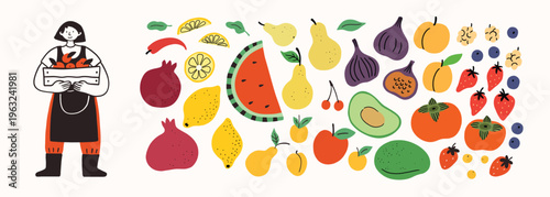 Farm agricultural local food, vegetables roots from farm, local market concept, farmer with basket. Hand drawn simple illustration. Farming, agriculture. Fruits, fig, persimmon, pear, pomegranate