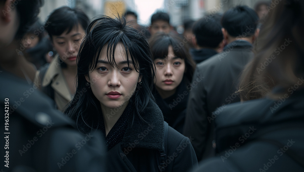 Obraz premium 雑踏の中ですれ違うような距離感を漂わせる日本人女性二人の都会の情景