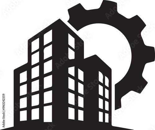 Black silhouette of a building with a gear and a partial circle