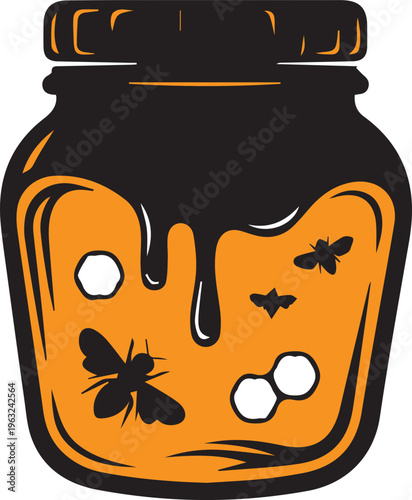 Illustration of a full honey jar with dripping honey and bees