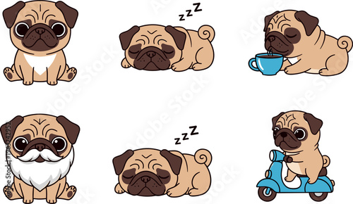 Cute pug dog character set with different poses sleeping drinking coffee riding scooter and funny cartoon expressions vector illustration