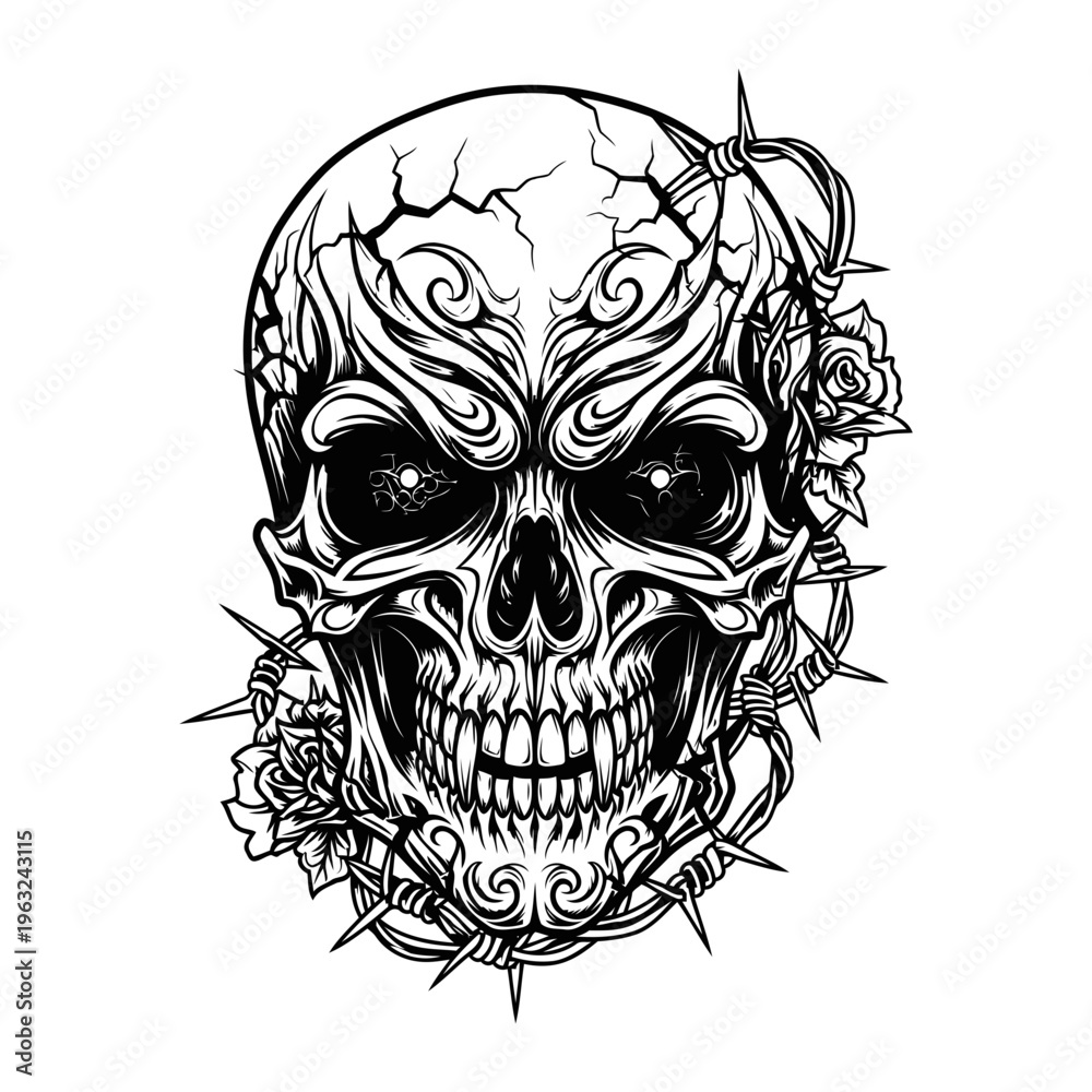 Obraz premium Ornate skull with thorns and roses line art